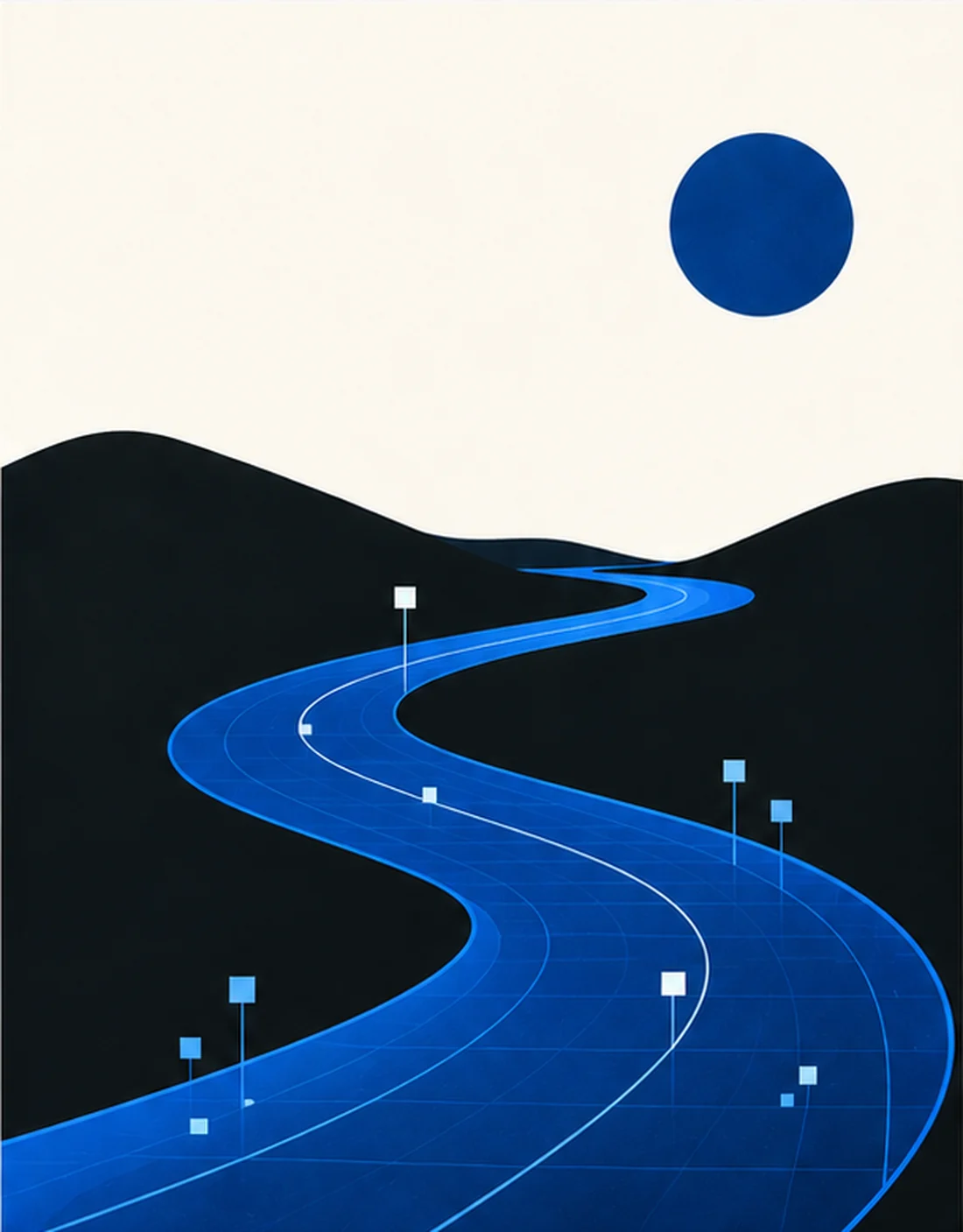 A sapphire road winding through dark hills toward a blue sun, with small signposts along the way.